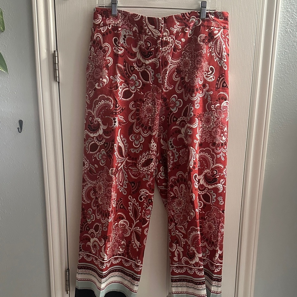 Ann Taylor Factory Red Orange Paisley Wide Leg Pant Lightweight Linen Blend 12